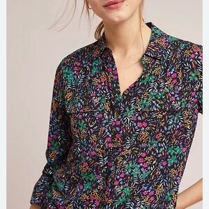 Maeve Amboseli button down Floral Blouse with Green and Pink Accents
